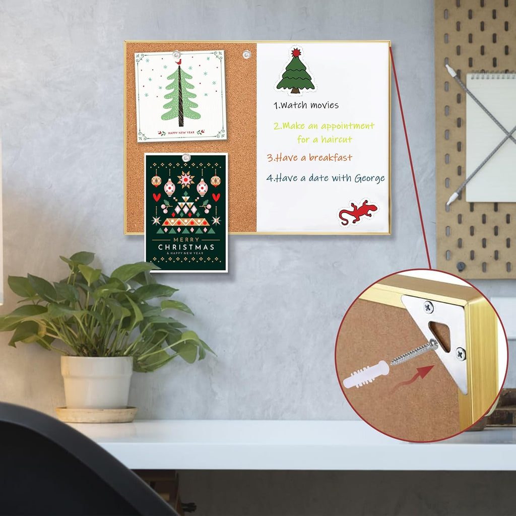 Cork Board White Board Combo, Small Size 10.6" x 14.6" Magnetic Dry Erase Board/Bulletin Combination Board, Gold