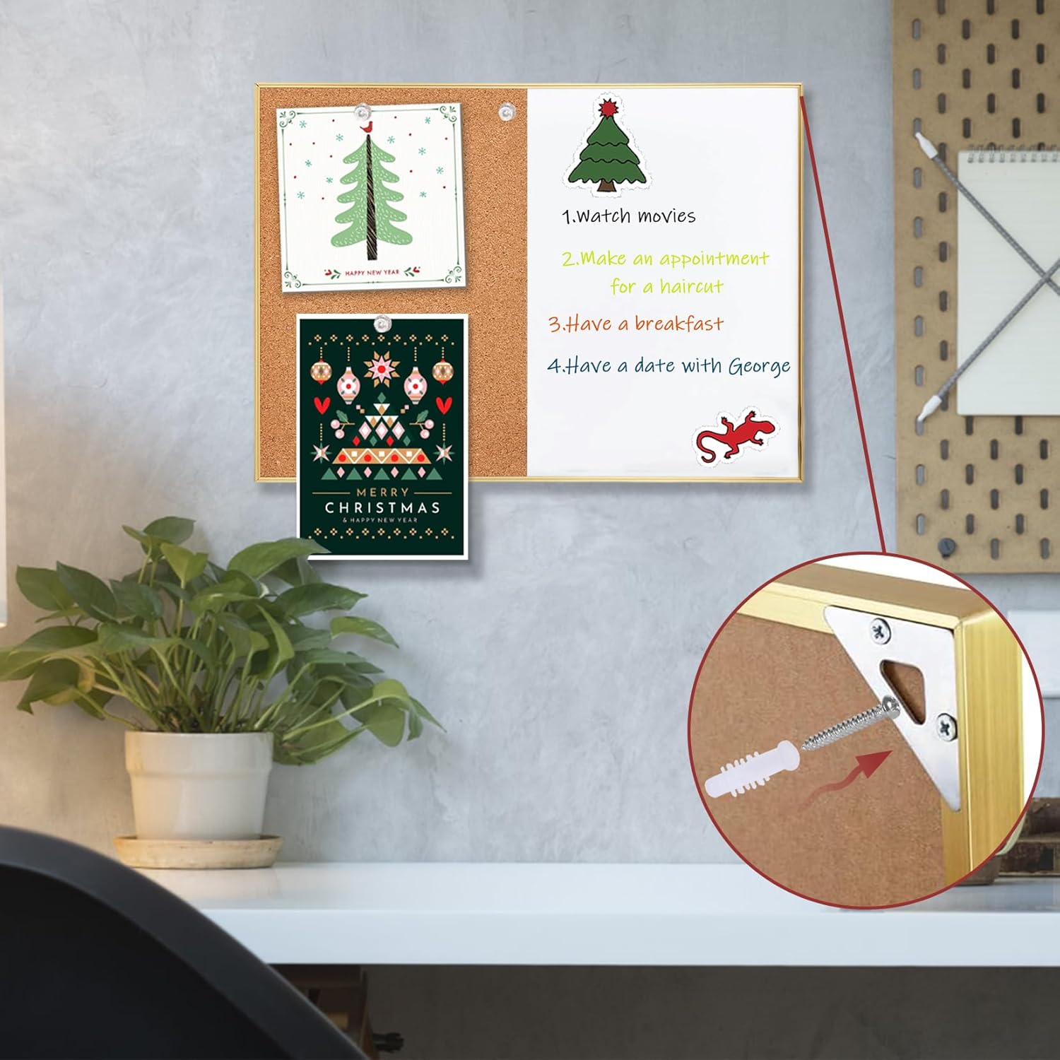 Cork Board White Board Combo, Small Size 10.6" x 14.6" Magnetic Dry Erase Board/Bulletin Combination Board, Gold