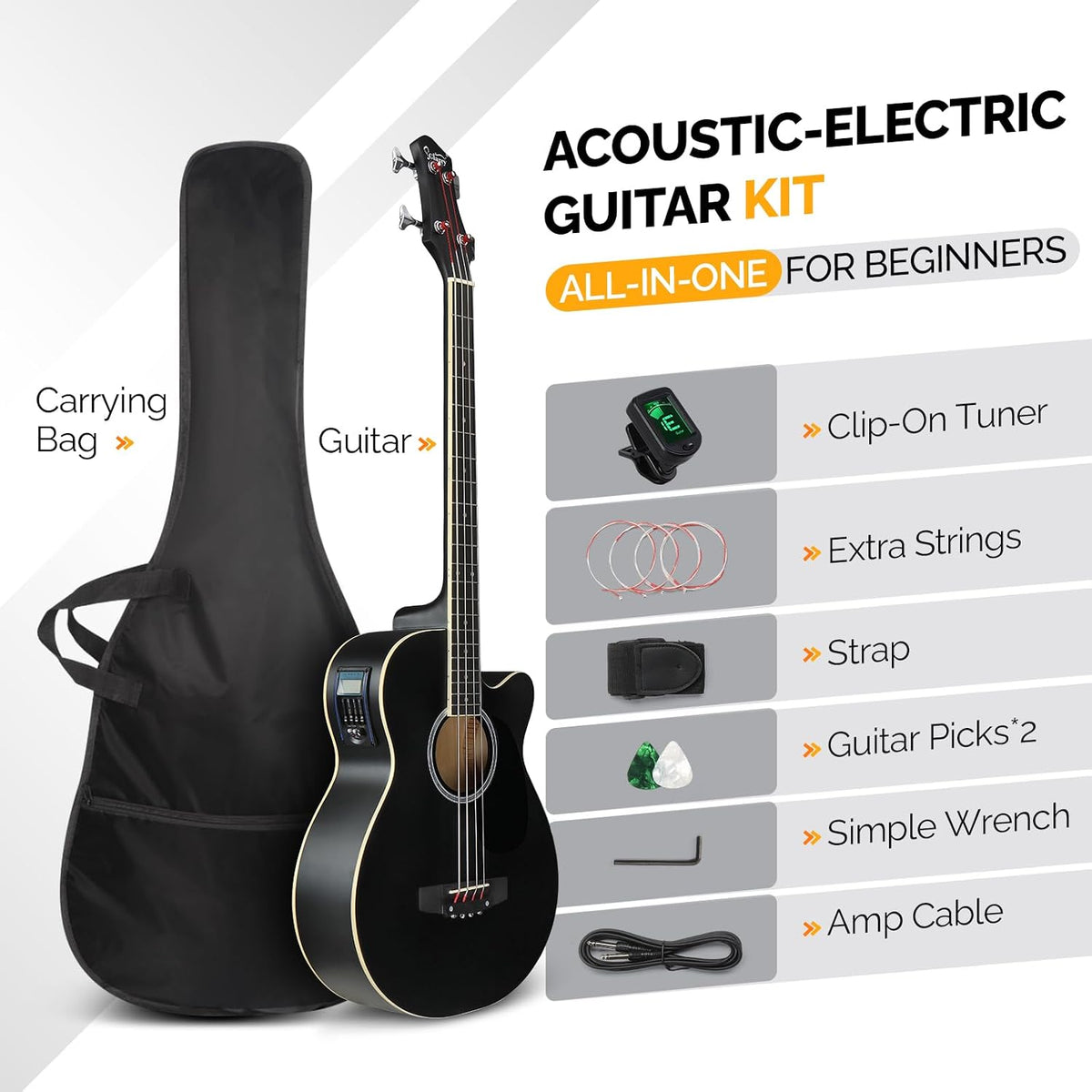 Full Size Acoustic Electric Bass Guitar Beginner Kit, Cutaway 4 Strings Electric Acoustic Bass Guitar w/Inbuilt