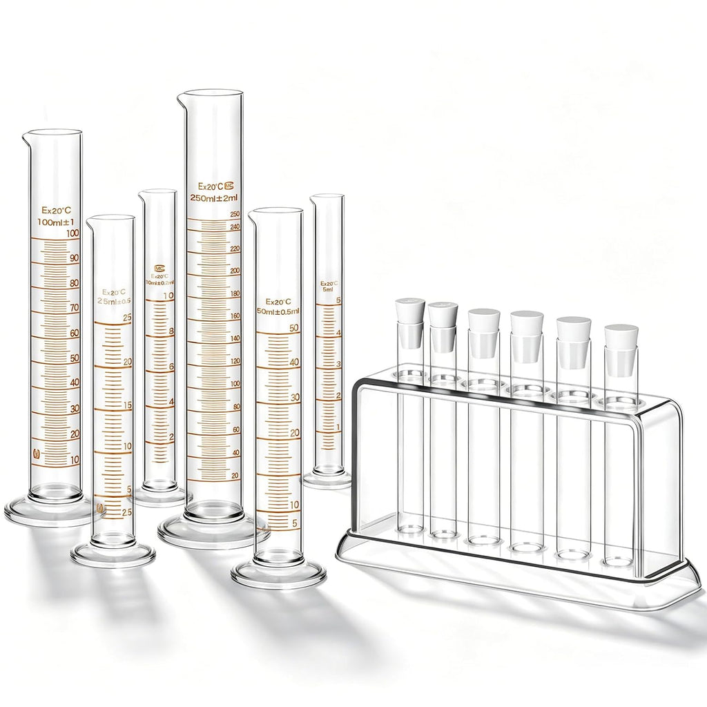 6 Glass Graduated Cylinders 5-250ml with Test Tubes Rack Lab | 6 Measuring Sizes for Experiments, Includes Test Tubes