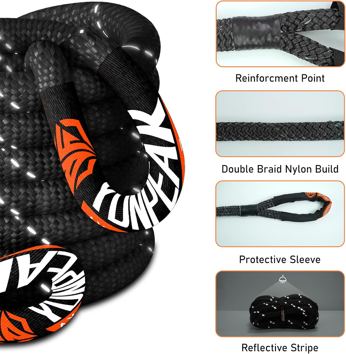 1.26" x30ft Kinetic Recovery Rope 56,000lbs, with 2 Soft Shackles