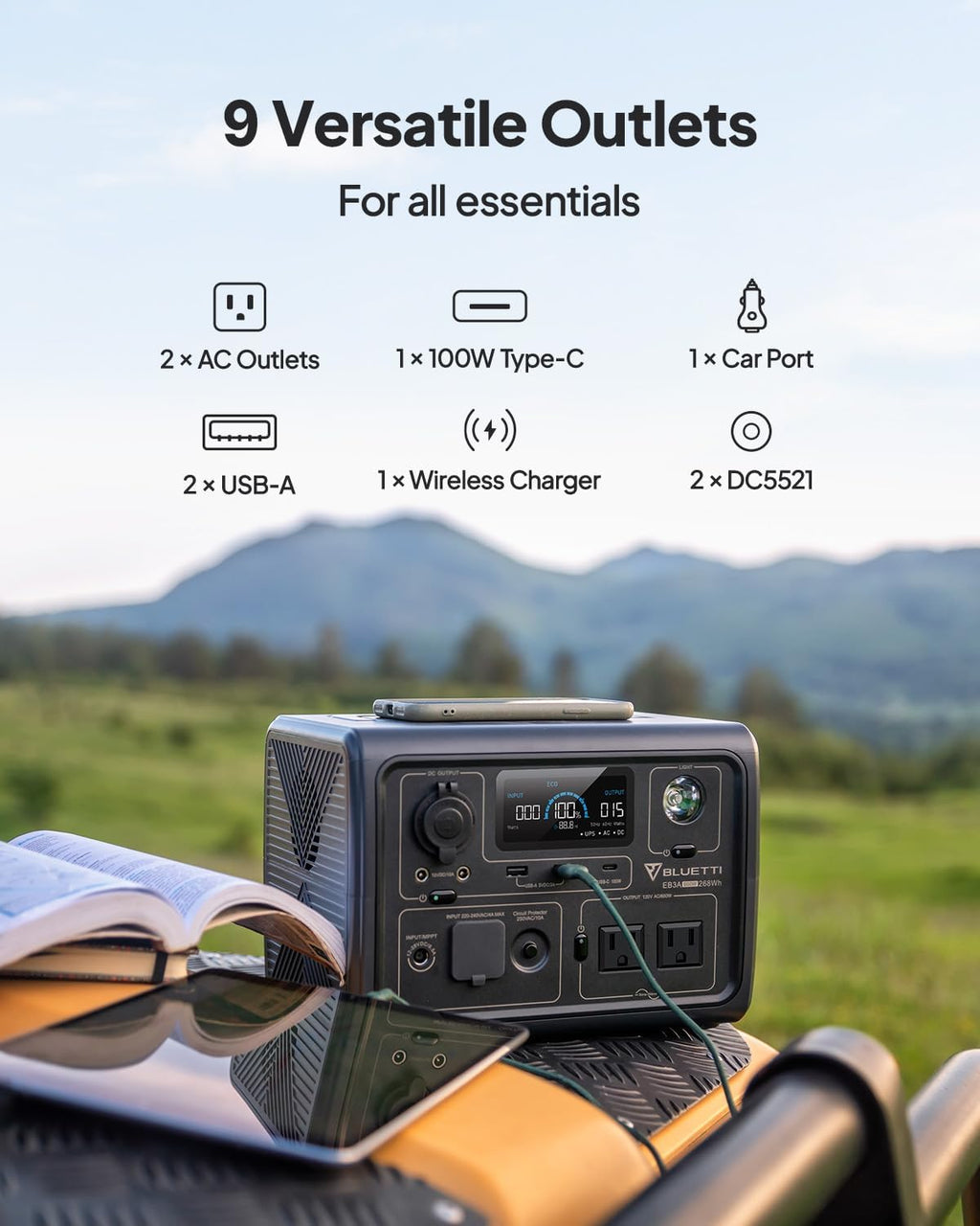 EB3A Portable Power Station, 268Wh Solar Generator LiFePO4 Battery Backup w/ 2 600W (1200W Surge) AC Outlets