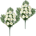 Artificial Cemetery Flowers for Grave, Set of 2 Silk White Faux Rose Bouquet Flowers Outdoor Graveyard Memorial