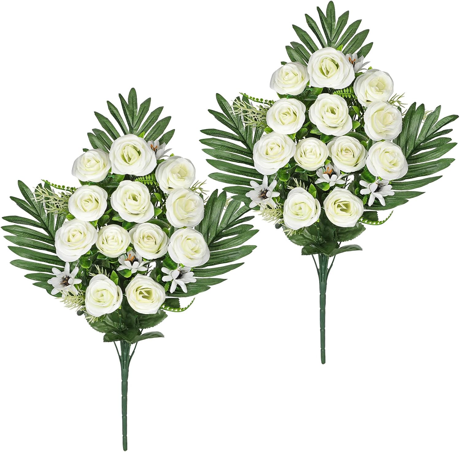 Artificial Cemetery Flowers for Grave, Set of 2 Silk White Faux Rose Bouquet Flowers Outdoor Graveyard Memorial