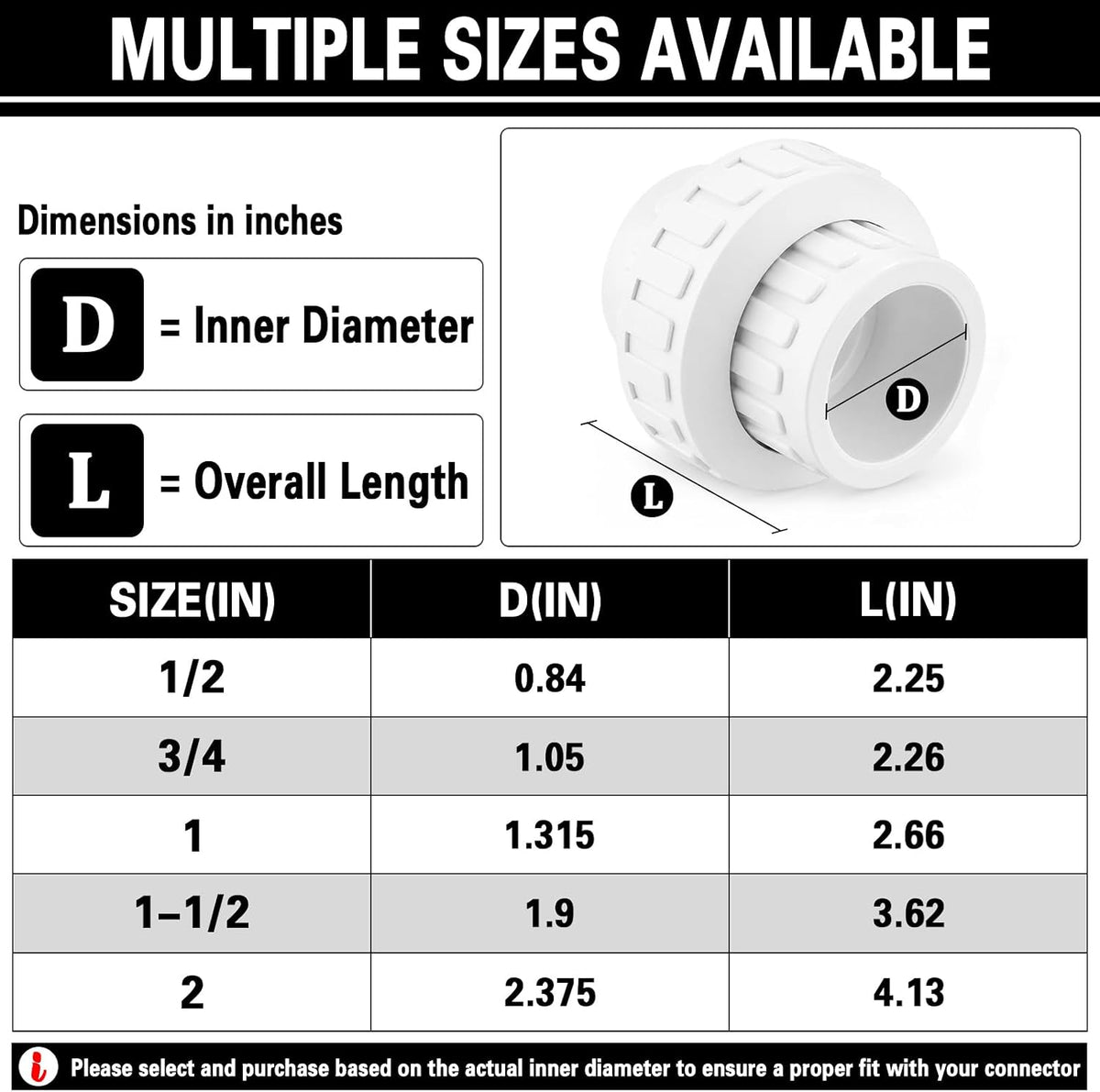 1-1/2" PVC Union Coupling Pipe Fitting (actual diameter 1.9") PVC Adapter Schedule 40(Socket x Socket), EPDM O-Ring, White 2 Pack