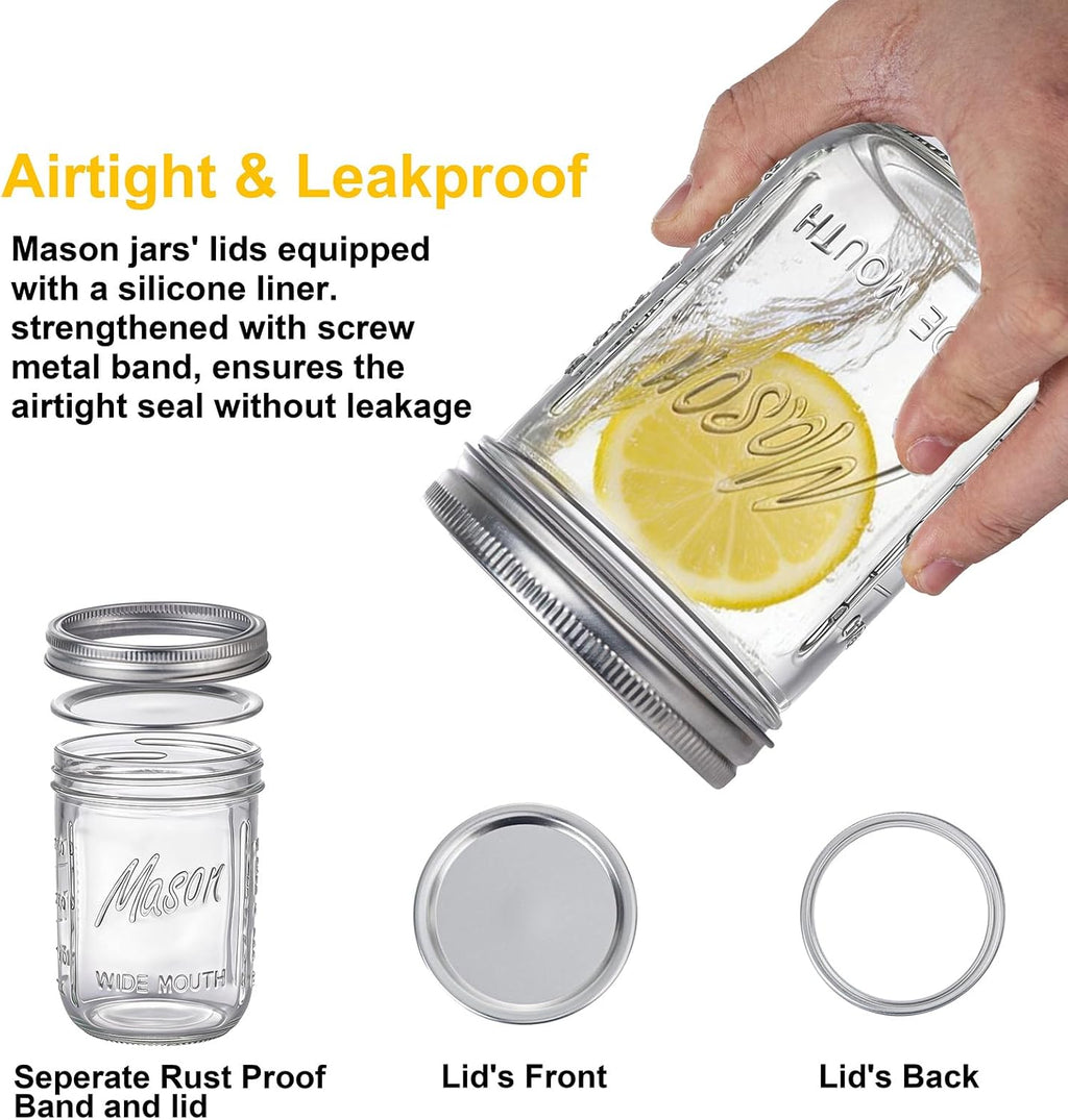 6-Pack Mason Jars 16 oz with Lids – Wide Mouth Glass mason jars, Airtight Leak-Proof canning jars 16 oz for Food