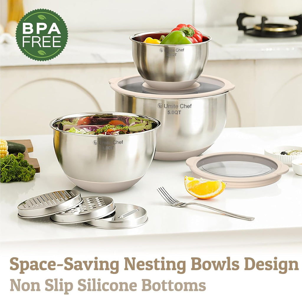 Mixing Bowles Set with Lids Set - Warp-Proof TPR-AS Lids, Stainless Steel Mixing Bowl with 3 Graters & Measuring
