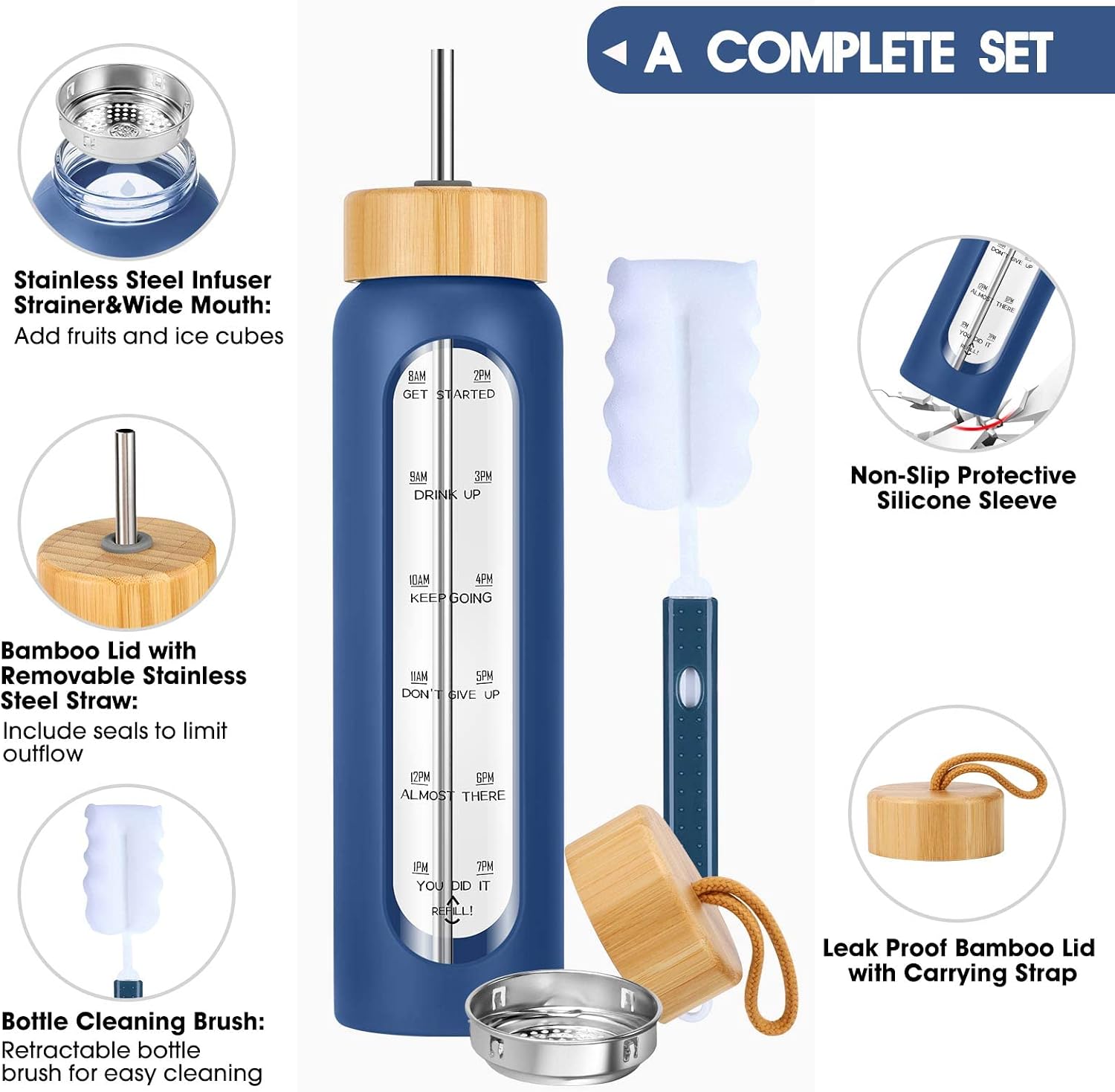 32 oz Glass Water Bottle with Straw - Motivational Time Marker & Silicone Sleeve - Reusable Tumbler Includes 2 Bamboo