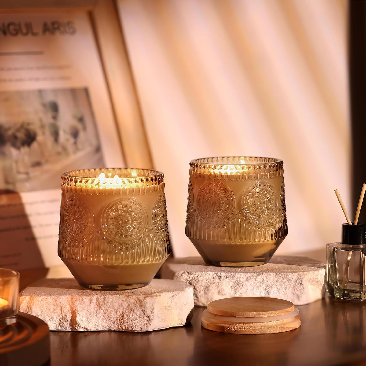 6 Pack Amber Candle Jars for Making Candles- Large 13.5oz Glass Jars with Wooden Lids and Labels, Empty Candle Jars
