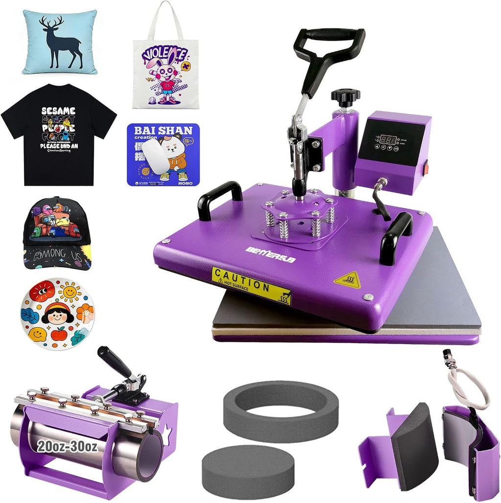 5 in 1 Heat Press Machine 12x15 inch, Industrial-Quality Sublimation Press with 30oz Tumbler Attachment & Curved Hat