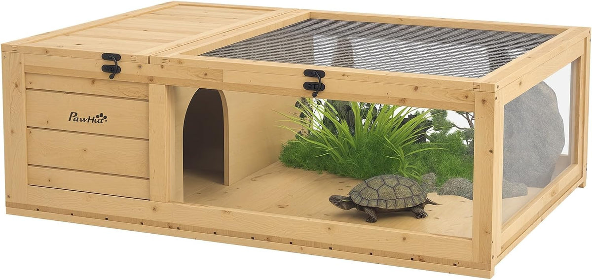 Wooden Tortoise House Indoor Turtle Habitat Enclosure Outdoor Reptile Cage for Lizards, Geckos, Yellow