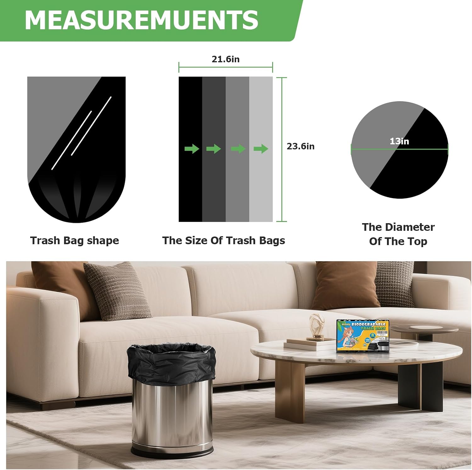6 Gallon Heavy-Duty Trash Bags - heihaily Biodegradable Black Medium Kitchen Garbage Bag Unscented Rip Resistant Bulk