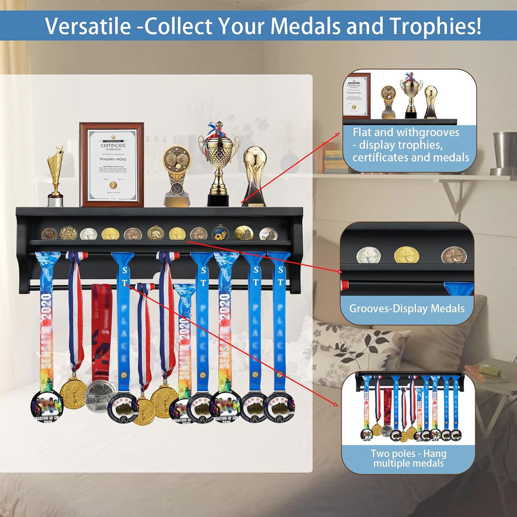 Medal Hanger Display Shelf Medal Rack Display Holder Black | Solid Wood，Wall Mount, Runners, Marathon, Race Winner
