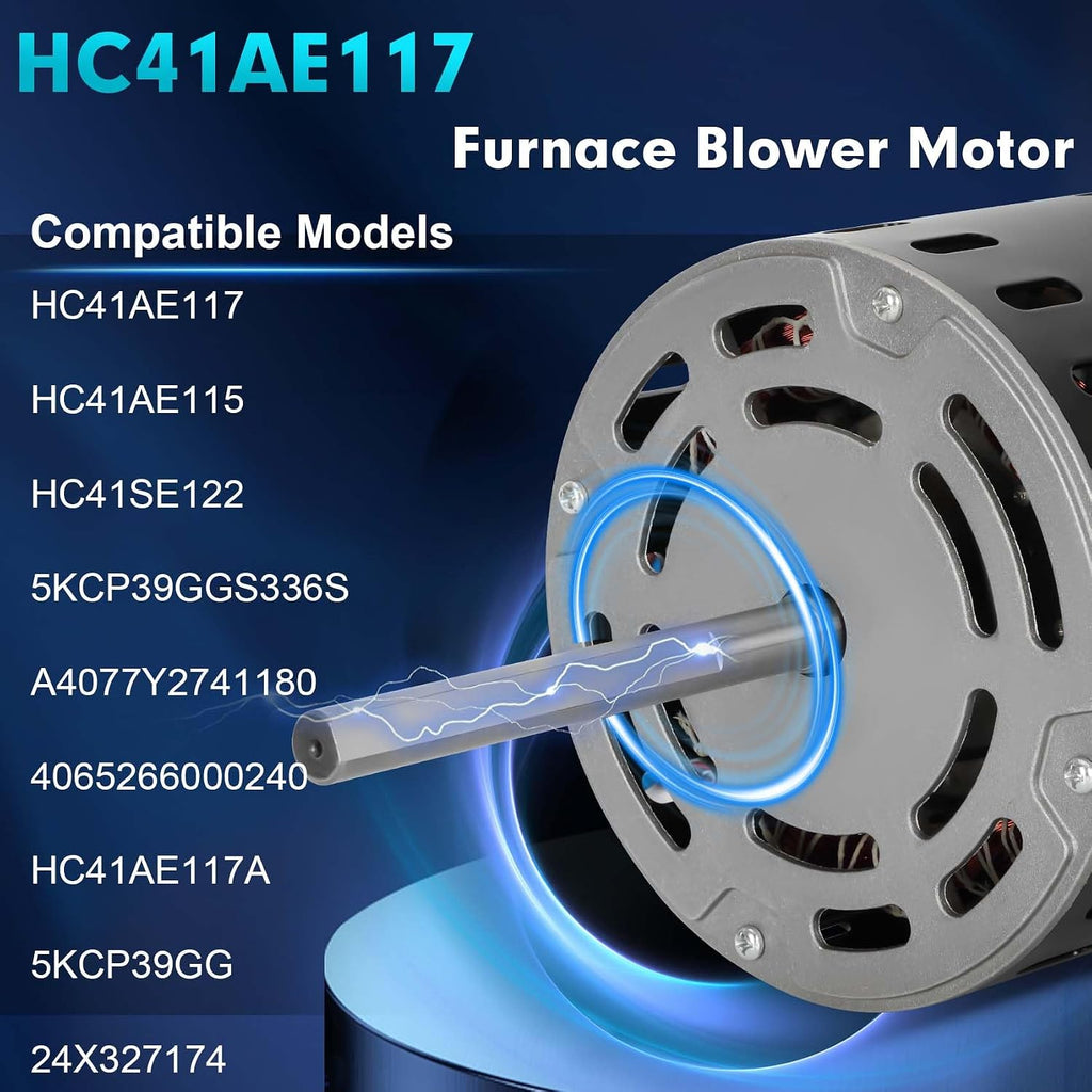 HC41AE117 Furnace Blower Motor 1/3HP 1075RPM 115V 4 Speed with 5μF Capacitor Fits for Carrier Bryant Payne GE Blower Fan Motor 45117 5KCP39GGS336S HC41AE117A HC41AE115 HC41SE122