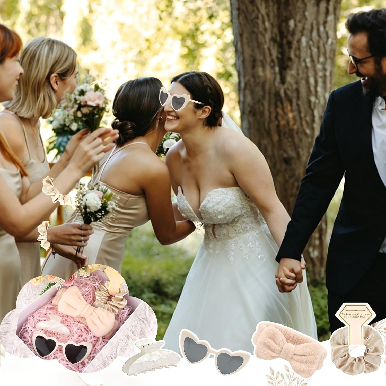 4PCS Bridesmaid Proposal Gifts Satin Hair Scrunchies Heart Sunglasses Spa Headband Acrylic Claw Clips Bachelorette