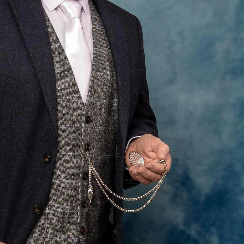 Handmade in the UK Silver Colour Single Albert Pocket Watch Chain With Hollow Pendant