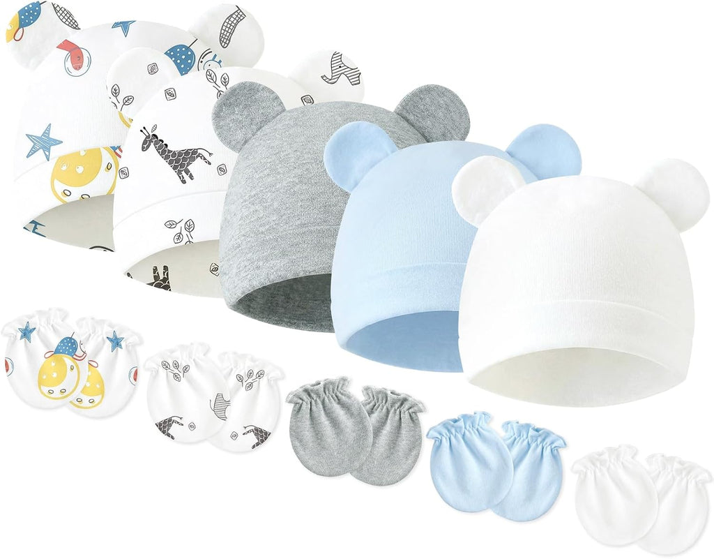 Newborn Baby Hats and Mittens Set, Cotton Infant Baby Boy Girl Bear Ears Caps and Mittens for 0-3 Months
