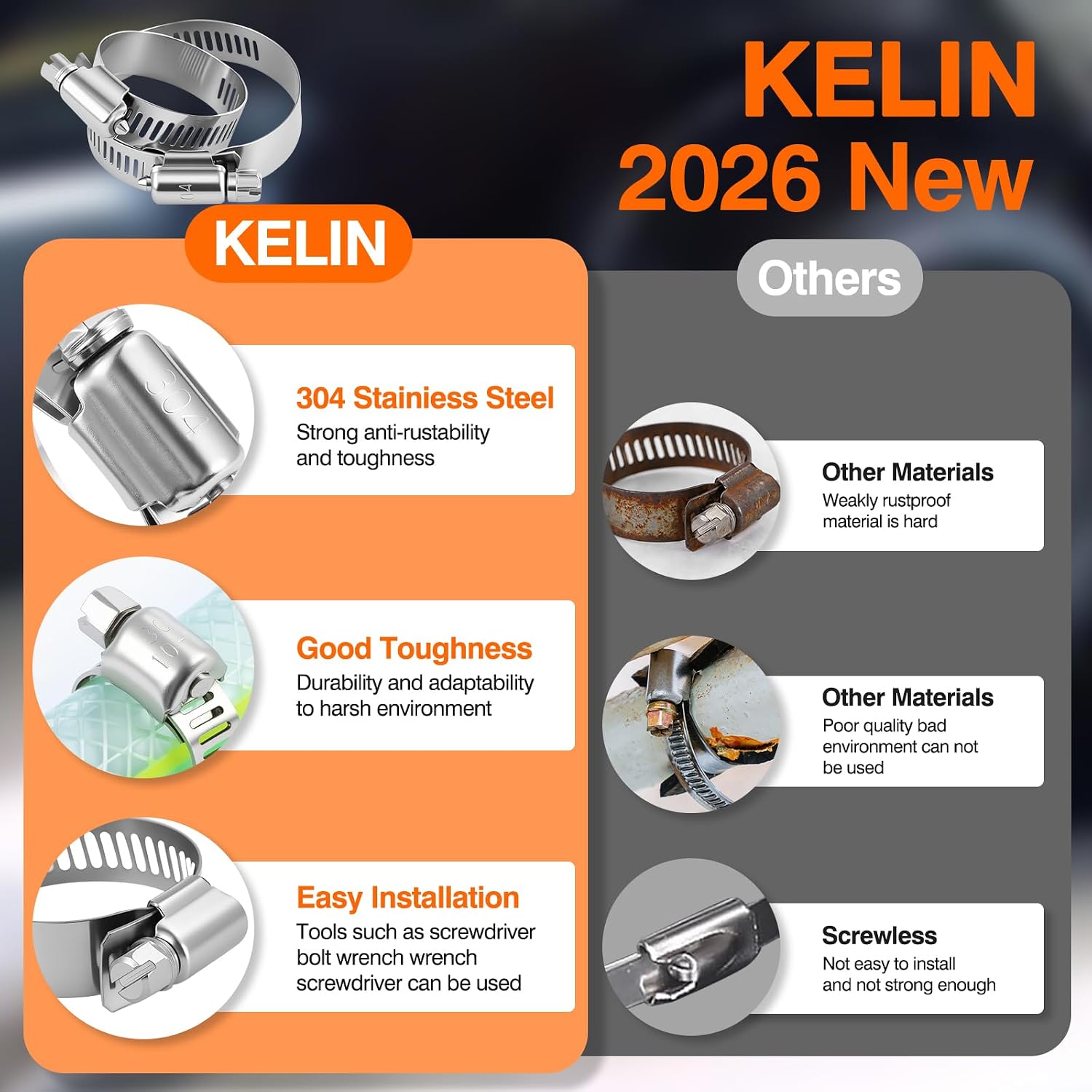 202PCS Hose Clamp Kit 304 Stainless Steel 8 Sizes 1/4"-2" Worm Gear | 6-51mm range | Worm gear clamps | Wrench &