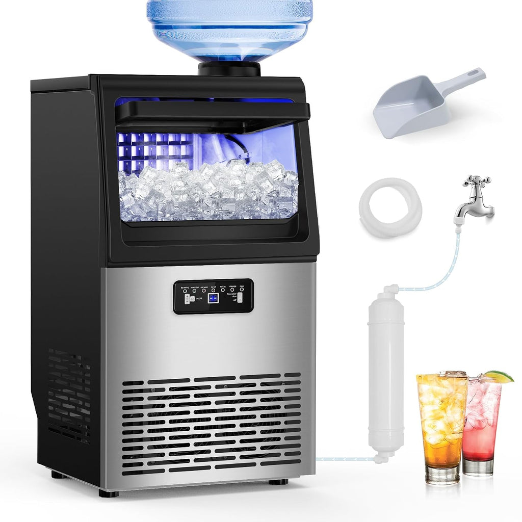Commercial Ice Maker Machine with 20 Storage Bin, 100Lbs/24H, 36Pcs Ice Cubes 9-15Mins, Dual Water Inlet Options
