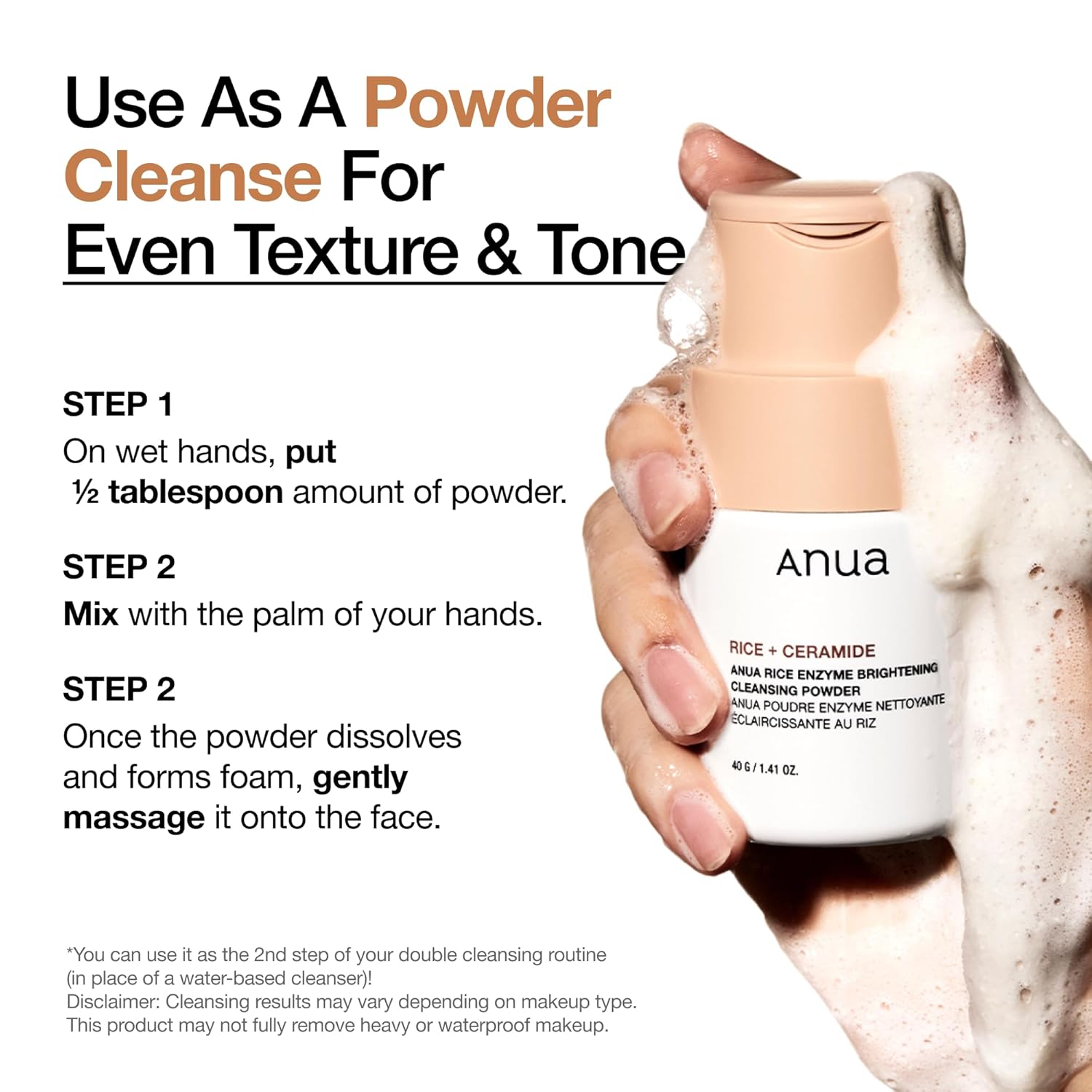Rice Enzyme Brightening Cleansing Powder, Exfoliating Powder-to-Foam Cleanser, Smooth Texture & Clarity, Hydrating &