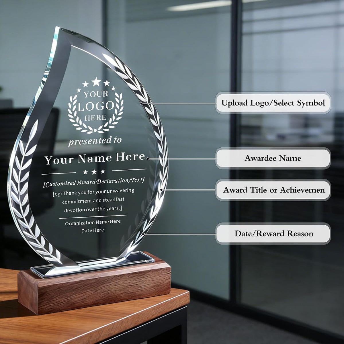 SHIP NEXT DAY, Personalized Crystal Award Trophy - Custom with Company Logo Text & Employee Name, Engraved Award for