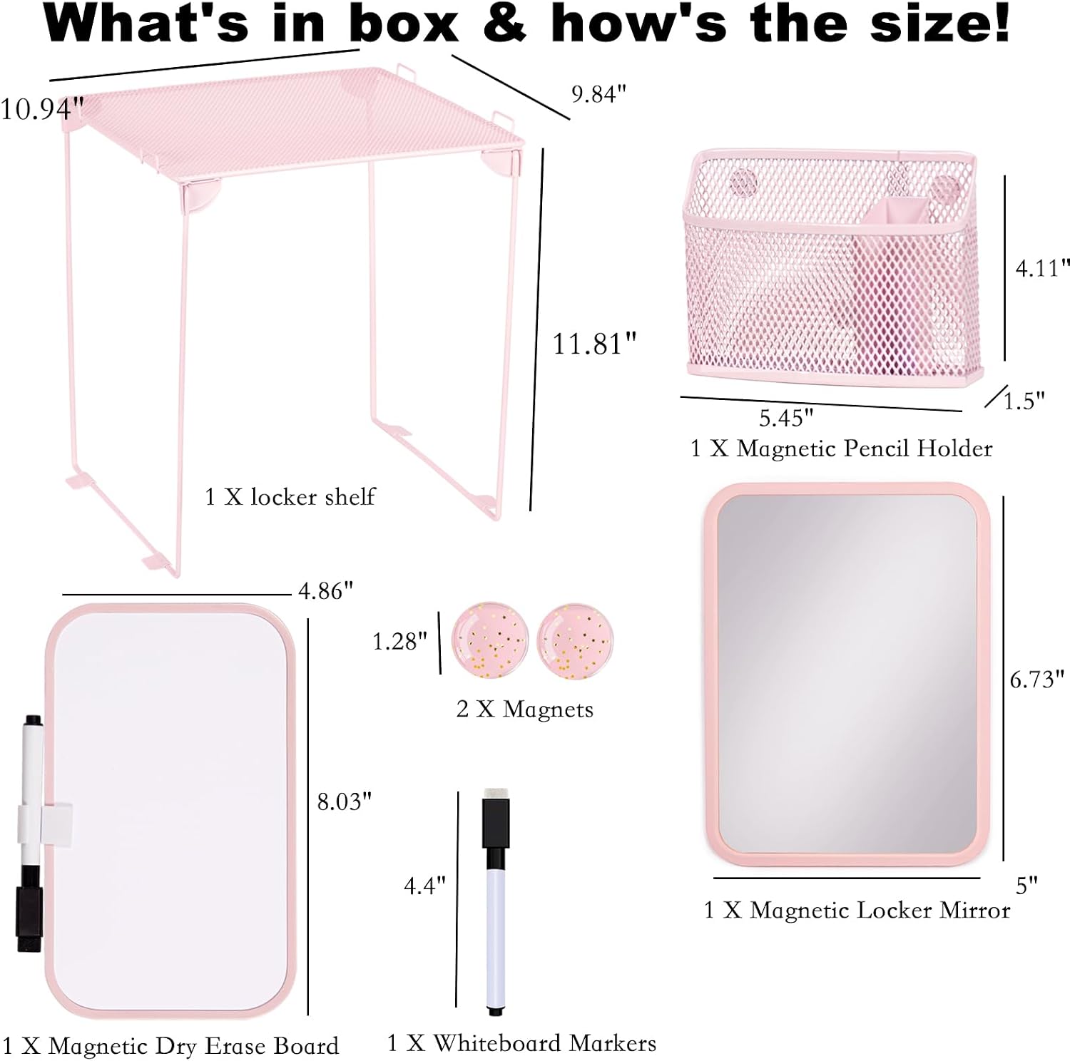 Pink Locker Accessories with Locker Shelf, Magnetic Mirror, Magnetic Pen Holder, Magnetic Small Whiteboard, Back to