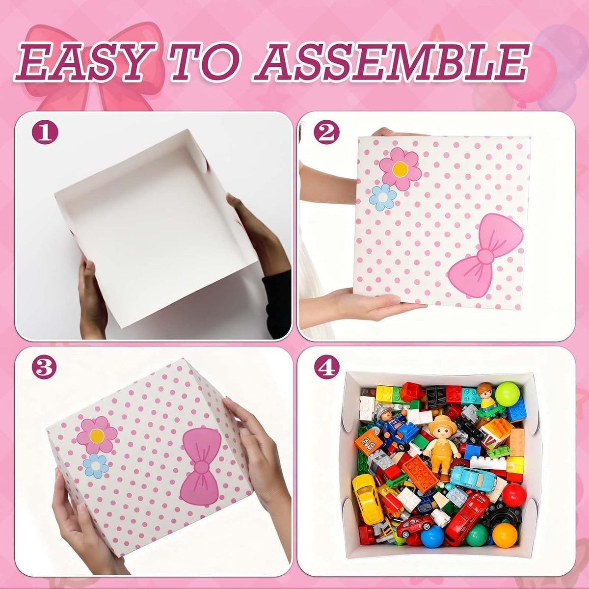 6Pcs Designed Gift Boxes With Lids,Bow Pattern Shirt Box, 12 * 12 * 4Inch Extra Large Pink and White Medium Clothes