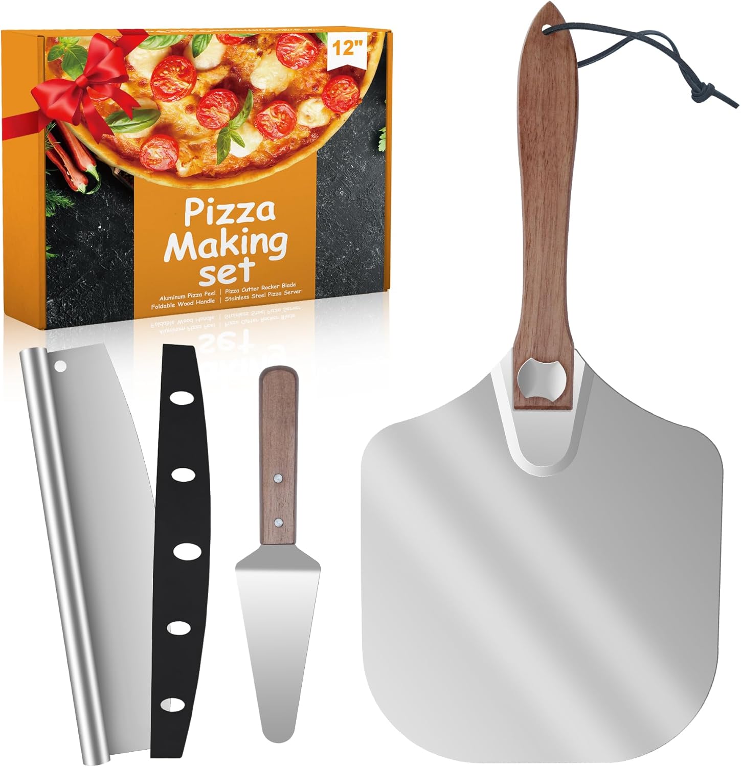 Aluminum Pizza Peel 12x14" With Foldable Wooden Handle - Metal Paddle, Rocker Cutter, and Server for Pizza Oven