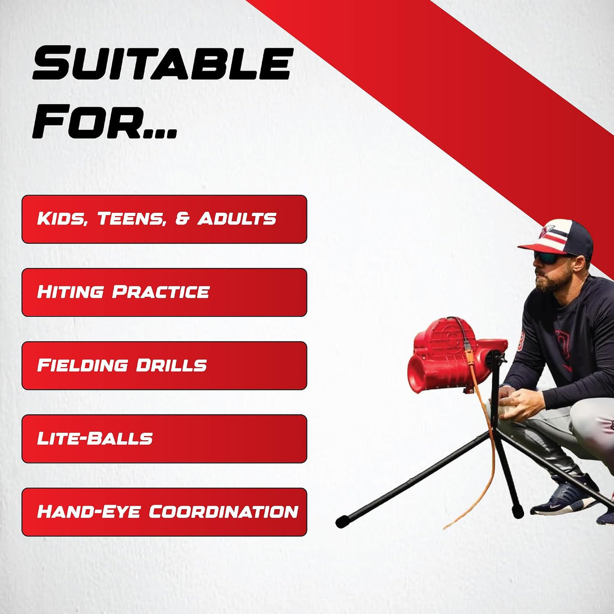 Sports Power Alley Lite 360 Baseball Pitching Machine - Pitches Lite Balls 40-80 MPH Fastballs, Sliders, & Curves |