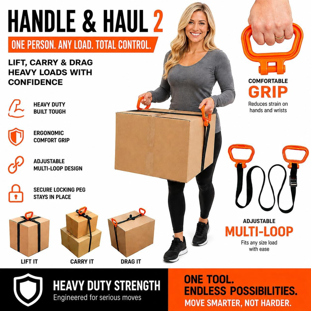 Handle and Haul Moving Strap, 2 Handles - 1-Person Lift | 250 lb capacity, slides & locks anywhere on 9ft strap;