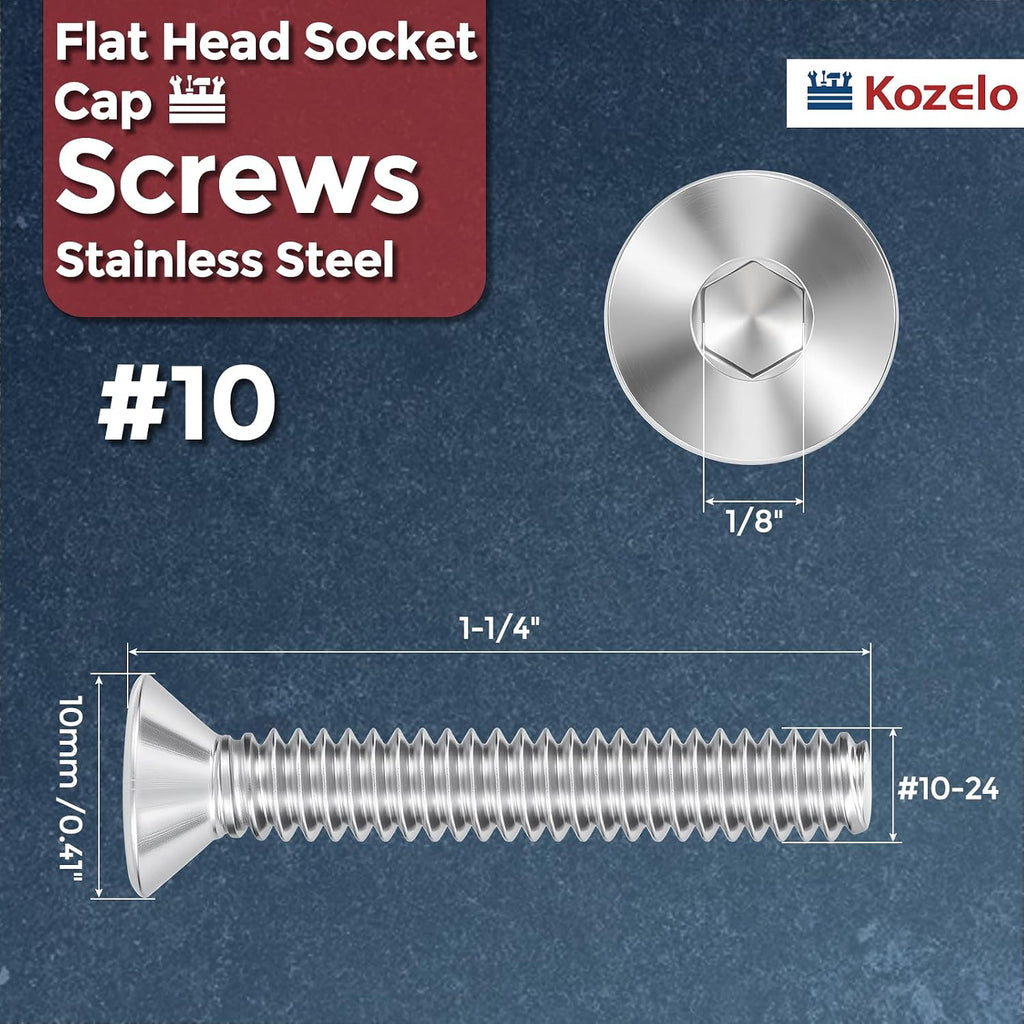 10Pcs #10-24x1-1/4 Flat Head Socket Cap Screw Countersunk Bolt