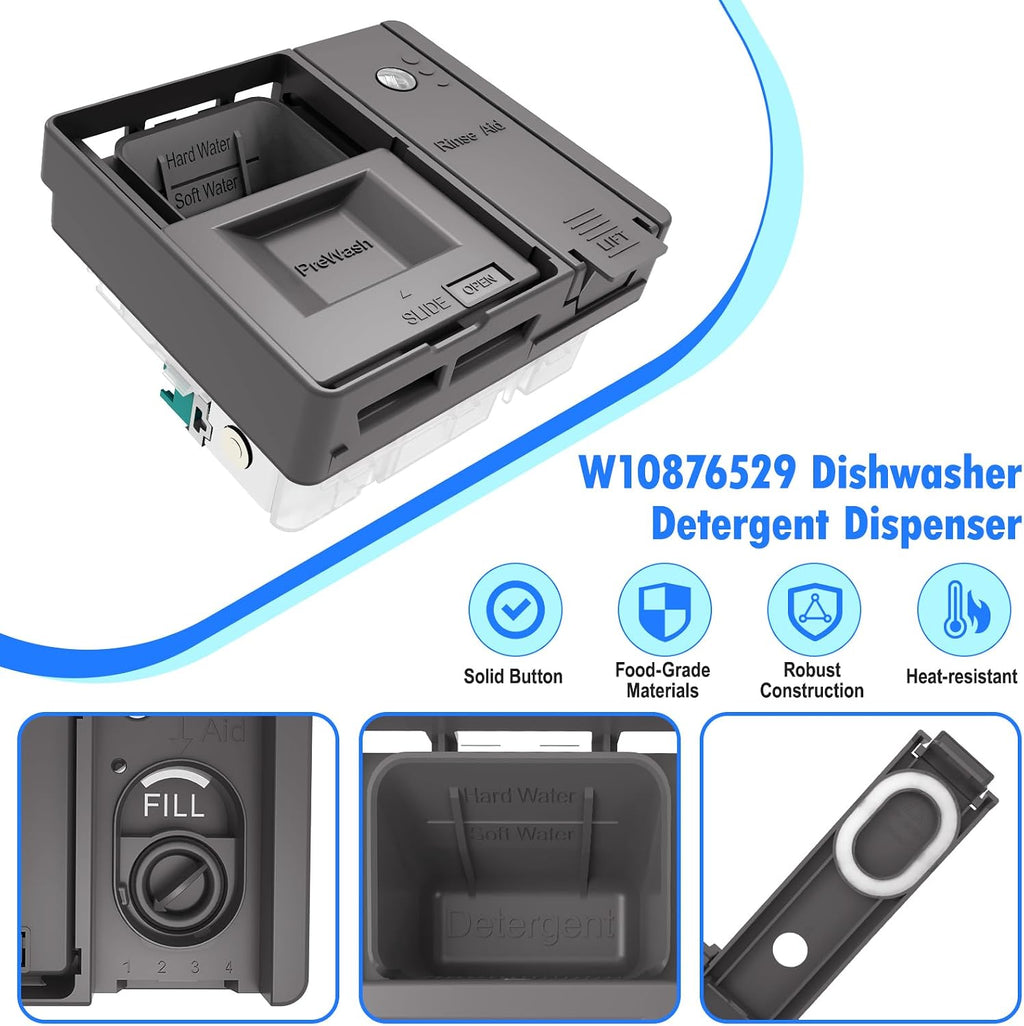 Upgraded W10876529 Dishwasher Detergent Dispenser Compatible with Whirlpool Kenmore Jenn-Air Dishwasher Soap Dispenser Replacement Parts W10620297 W10620299 AP6024305 PS11738149 Rinse Aid Dispenser
