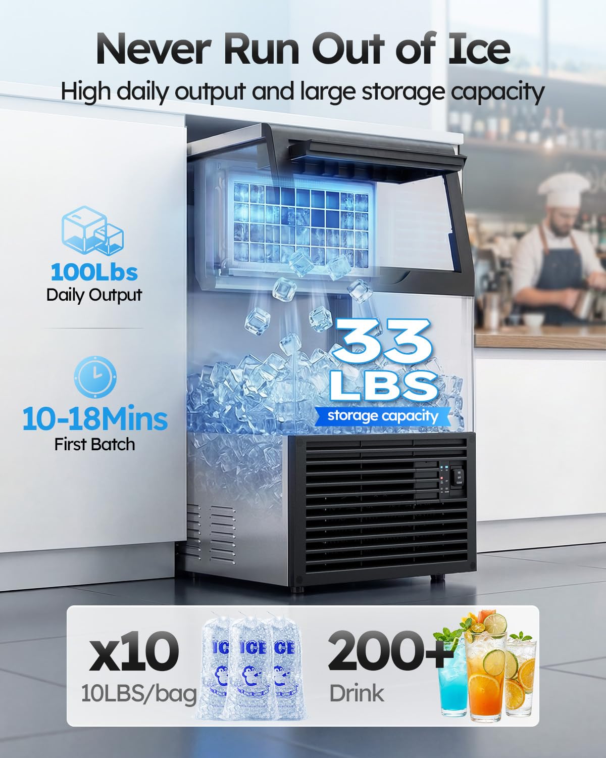 Commercial Ice Maker Machine, 100lbs/24H with 18-33lbs Ice Storage