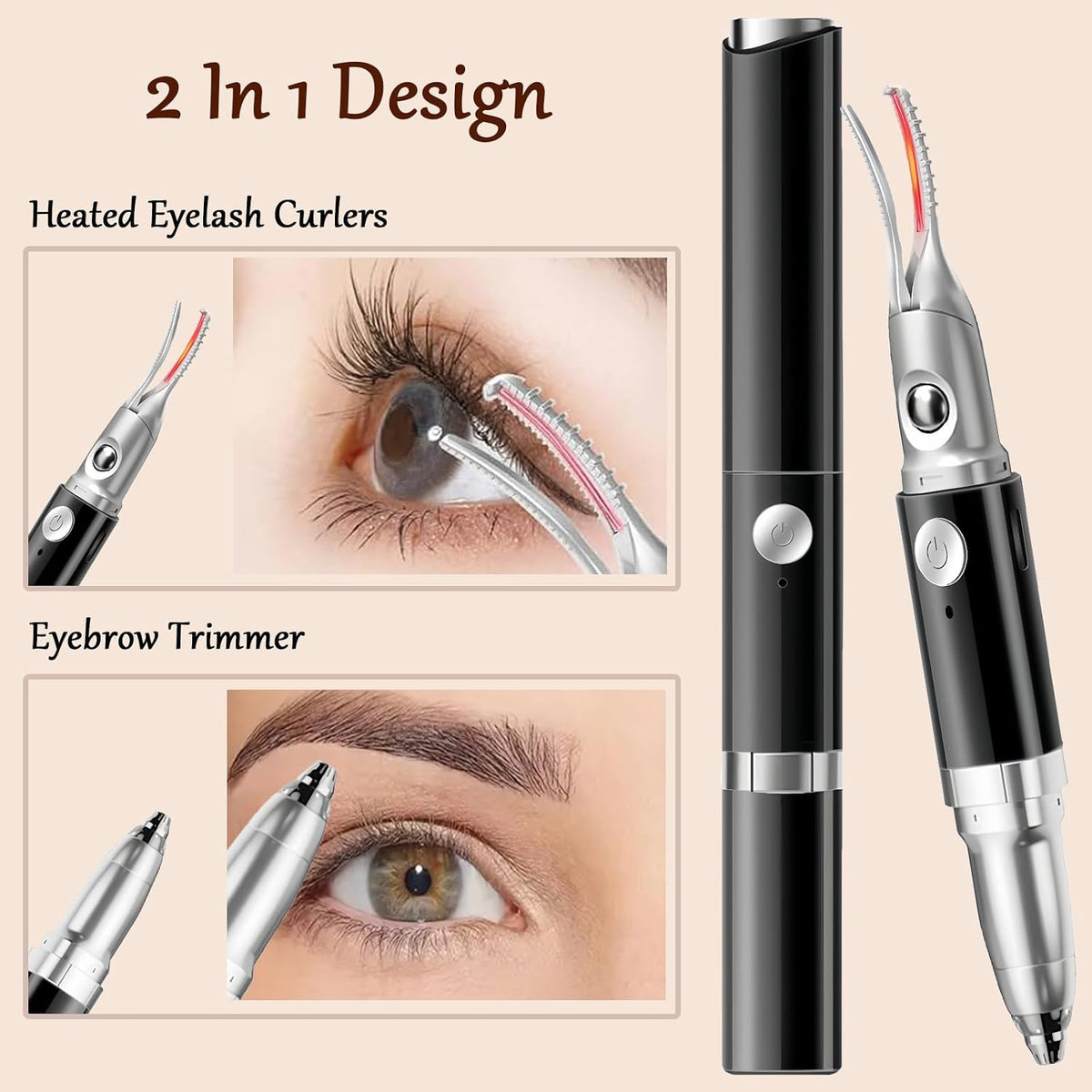 Heated Eyelash Curler - 2 in 1 Eye Lash Curler and Eyebrow Trimmer for Women with 2 Temperature Modes, USB
