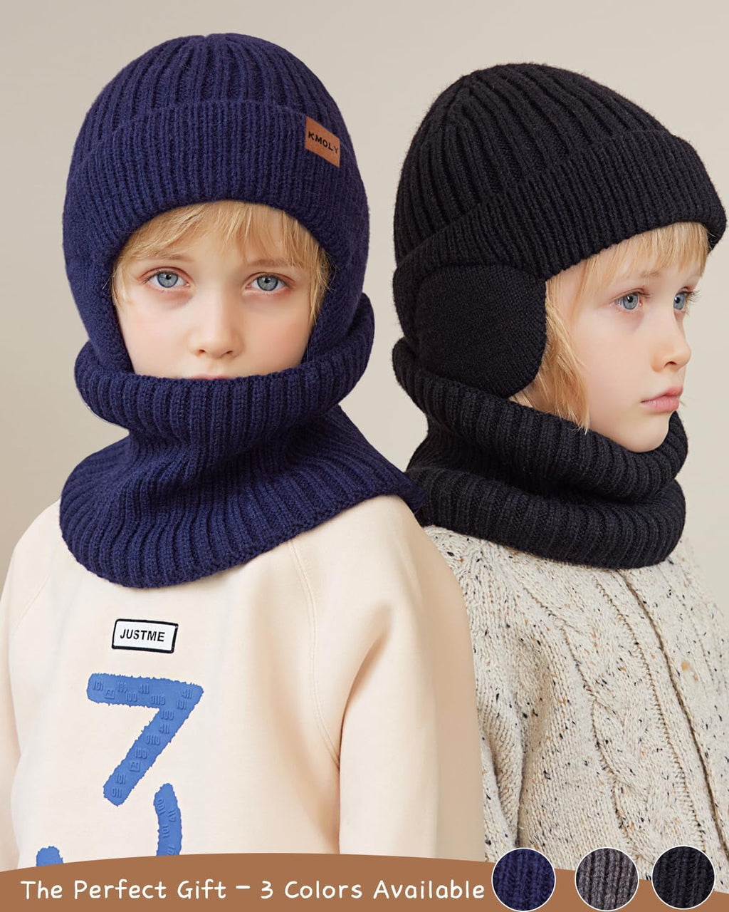 Kids Winter Beanie Hat Scarf Gloves Set 4-10Y, Knit Hat With Earmuffs Neck Gaiter Fleece Lined Touchscreen Gloves