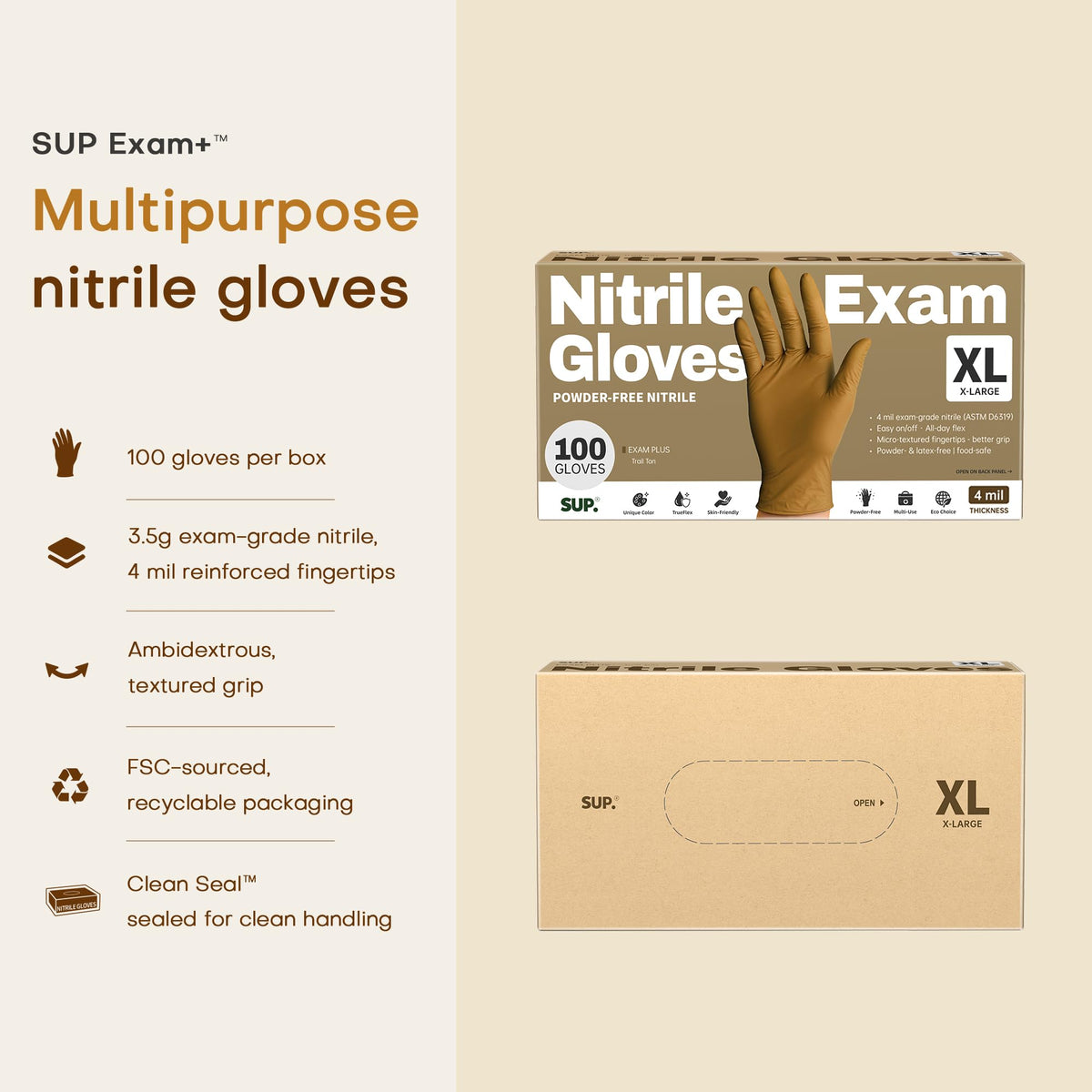 SUP Exam Plus Nitrile Gloves, Powder-Free Disposable, Trail Tan 100Ct (XL)