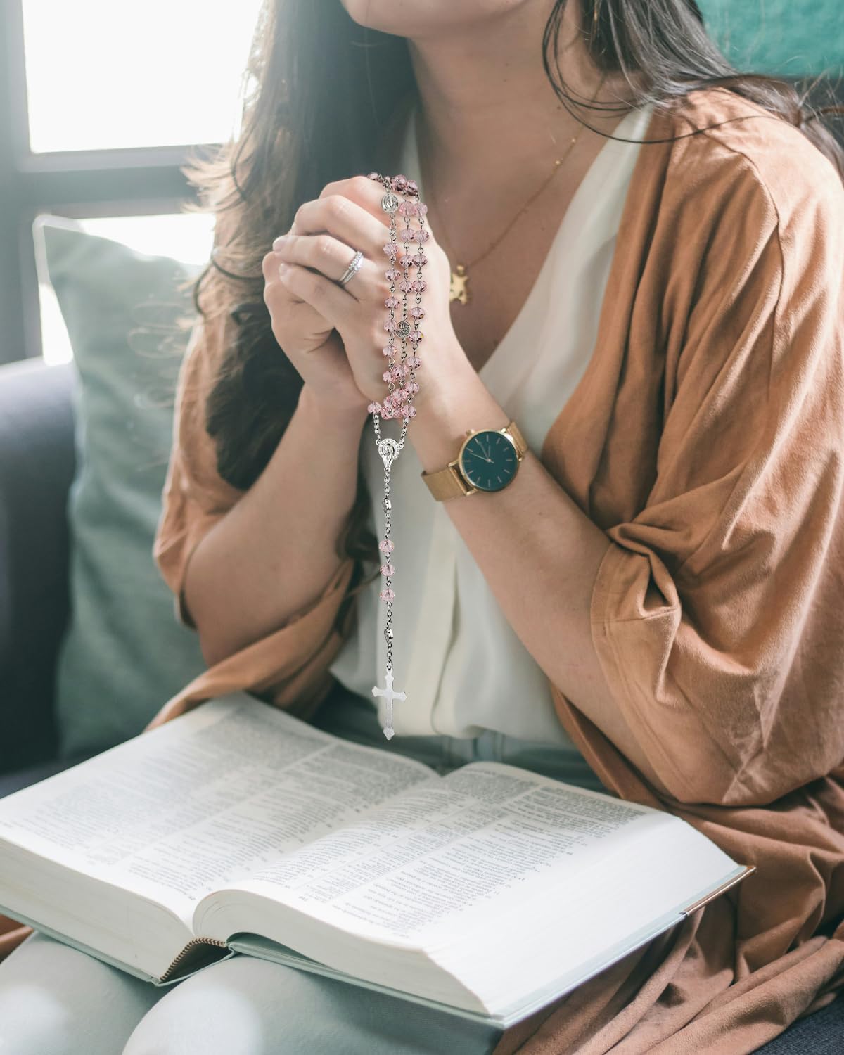 Rosary Beads for Women - Catholic Rosary Beads with Cross, Pink Crystal Rosary Necklace with Velvet Pouch, Religious