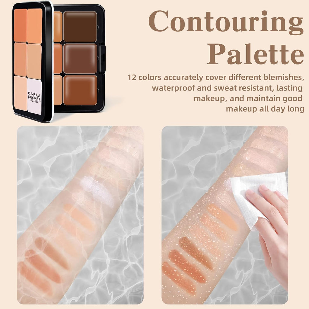 12 Colors Cream Concealer Foundation Palette, Long-Wearing Smudge Proof Blendable Full Coverage Cream Contour Blush