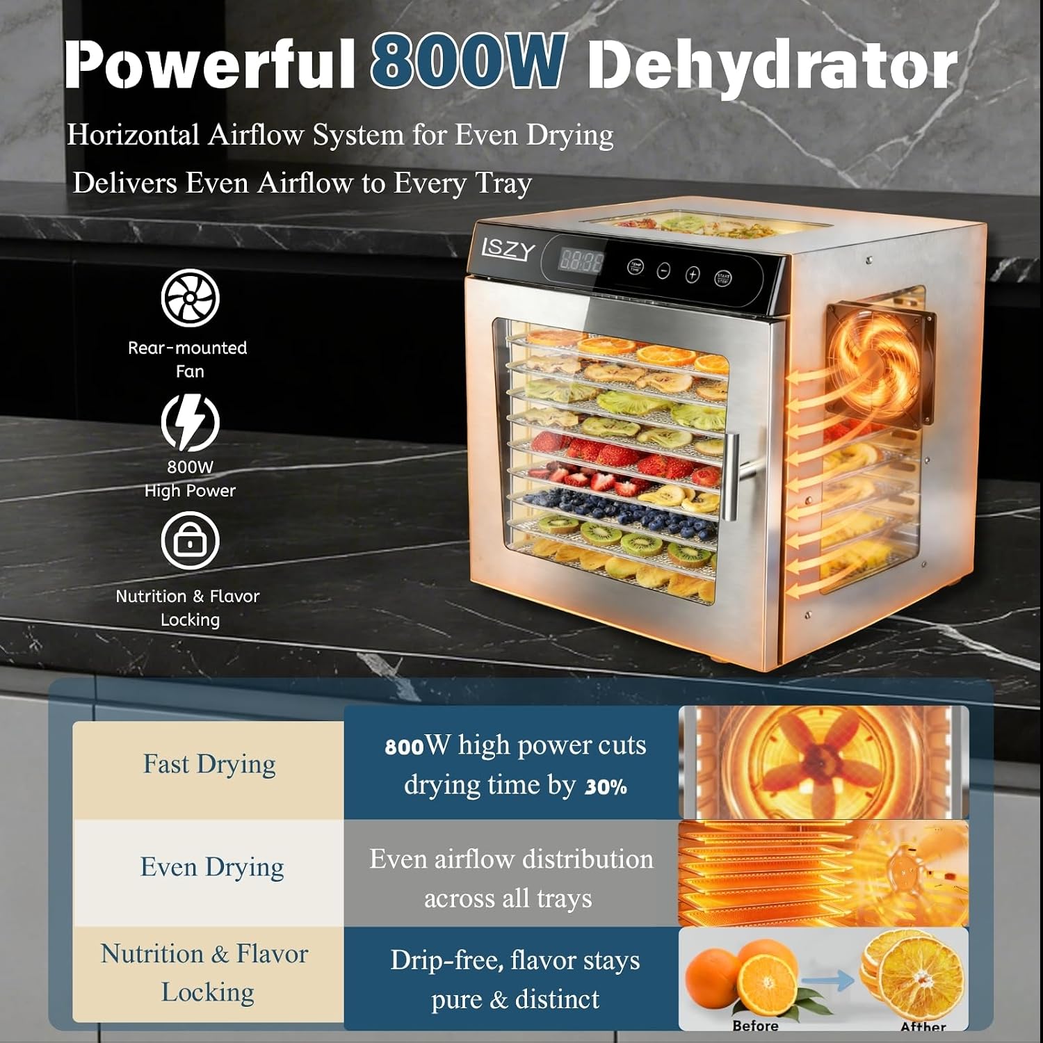 Food Dehydrator Machine, 800W 10 Stainless Steel Trays Dehydrator, 176°F