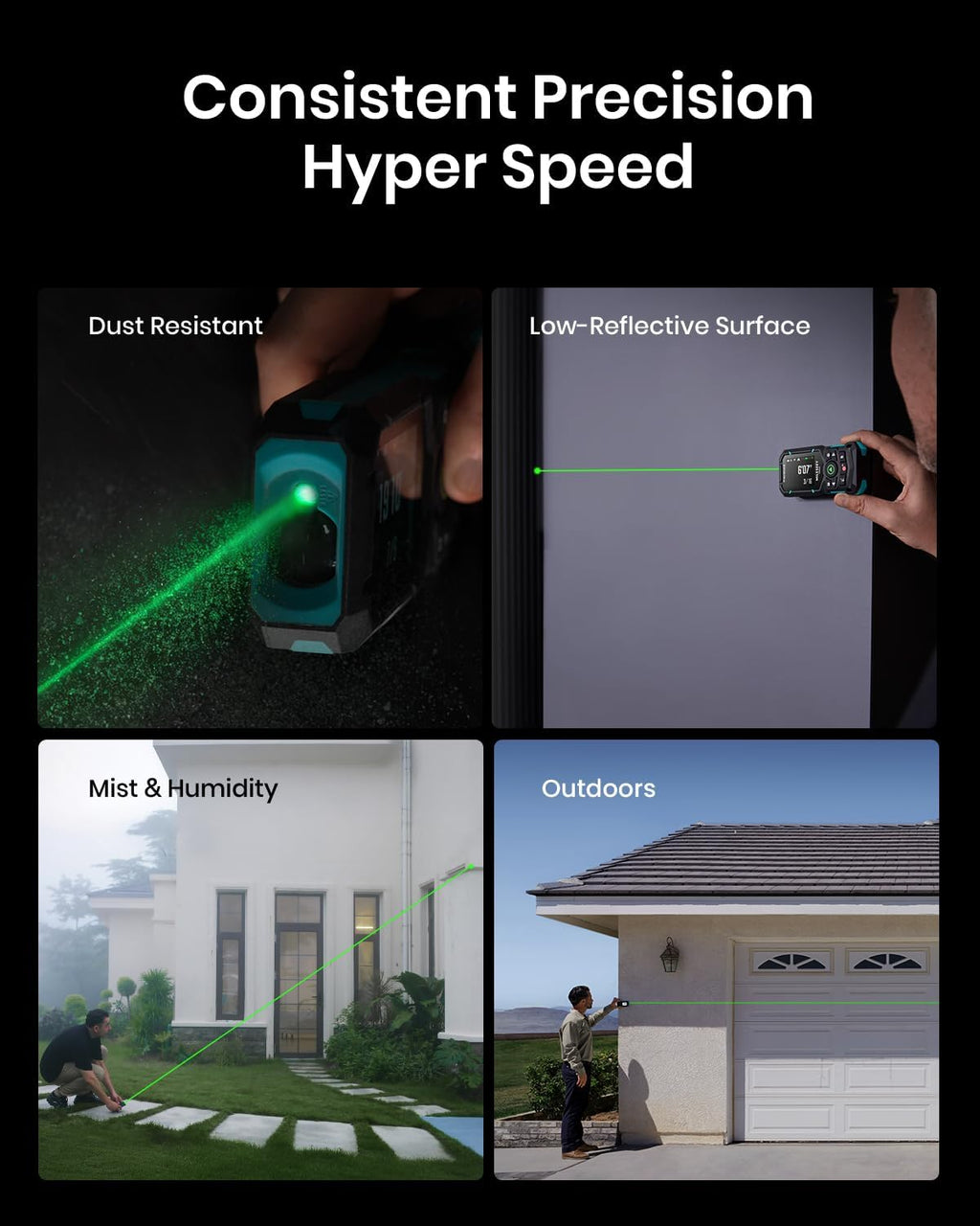 S50 Green-Beam Laser Distance Measure - 400ft Laser Measure, P2P, Side-Laser Alignment, Rechargeable, 2.4" IPS