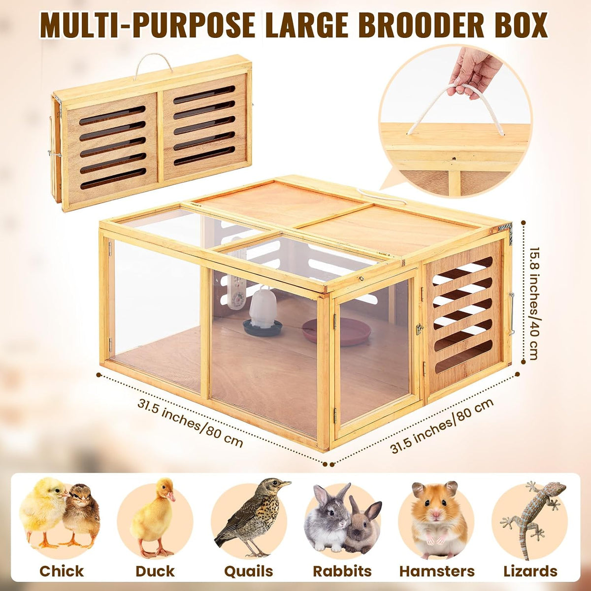 Large Chicken Brooder Box Kits 32x32x16 in Wooden Foldable Chick Brooder Box with Heated Light Thermometer Portable