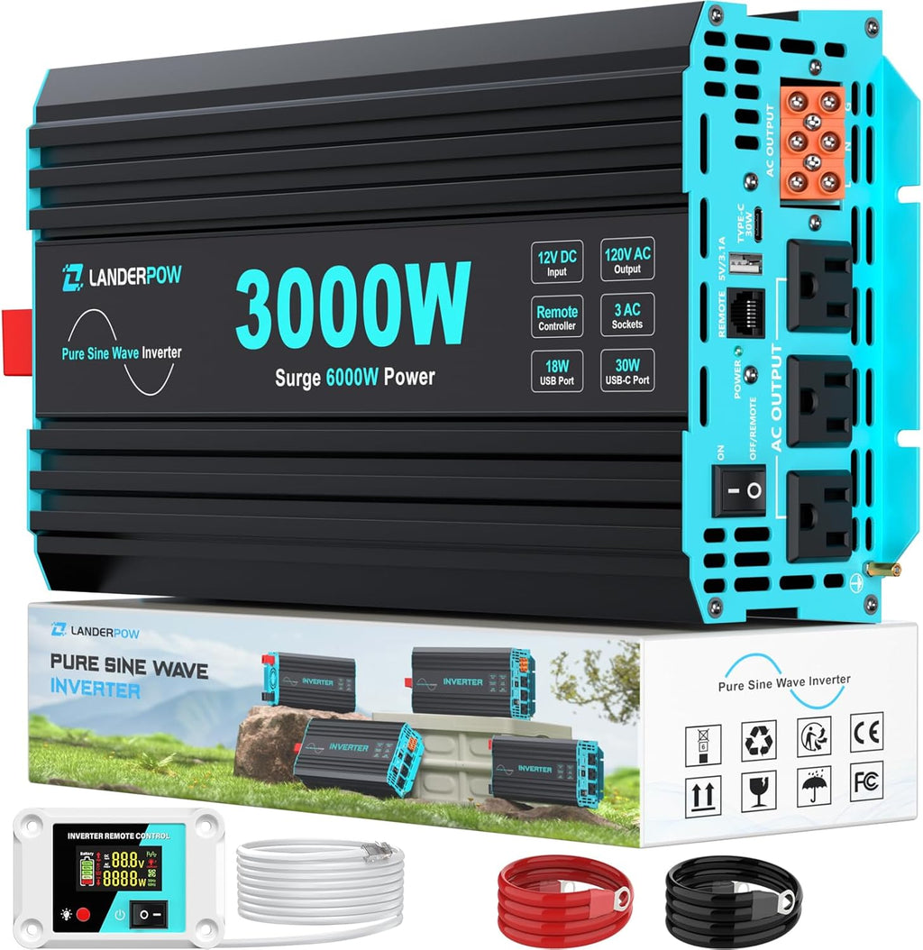 3000W Pure Sine Wave Inverter 12V DC to 120V AC 6000W Peak for RV | Power Inverters for Truck, Vehicles, Solar