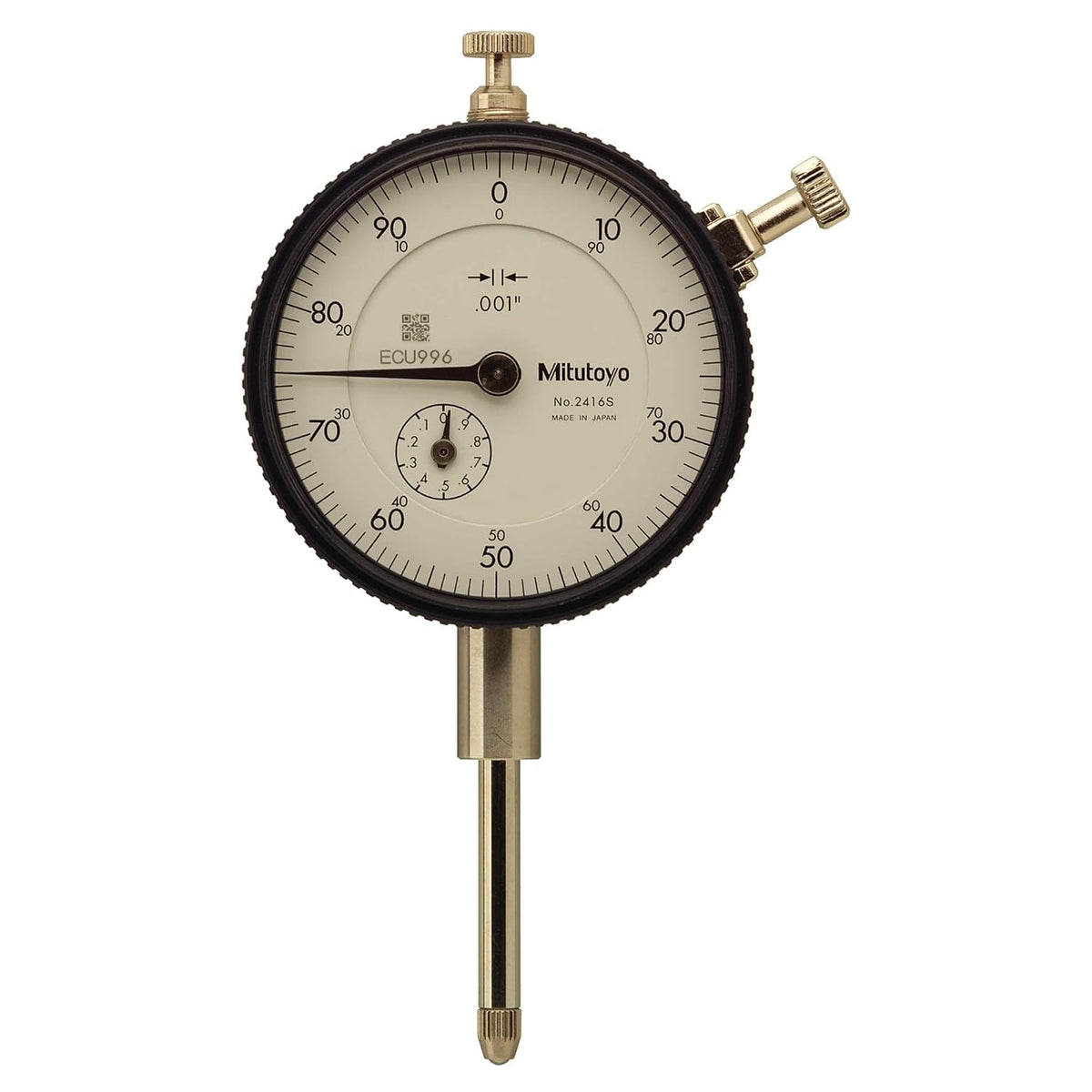 Mitutoyo 2416S-10 Dial Indicator, #4-48 UNF Thread, 3/8" Stem Dia., Lug Back, White Dial, 0-100 Reading, 57mm Dial Dia., 0-1" Range, 0.001" Graduations, +/-0.002" Accuracy