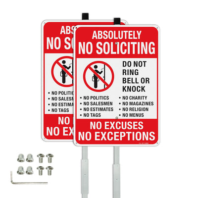 Large Absolutely No Soliciting - Do Not Ring Bell, No Excuses, No Exceptions Sign with 36" Stake for Yard - 2 Pack