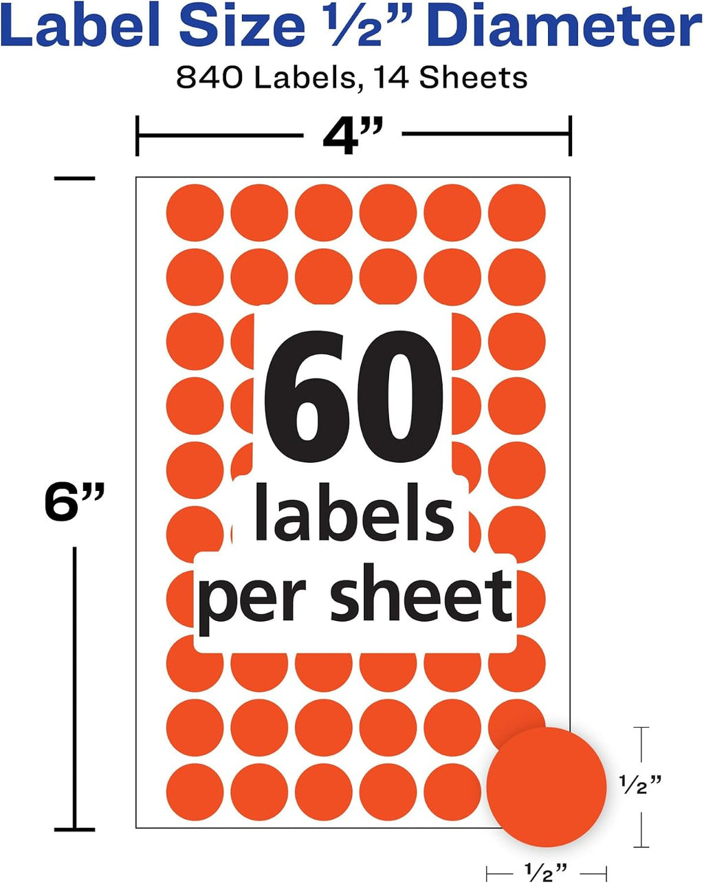 Color-Coding Removable Labels, 1/2 Inch Round Stickers, Neon Coral, Non-Printable, 840 Dot Stickers Total (5051)