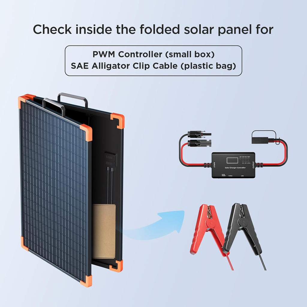 100W Portable Solar Panel, Foldable Tempered Glass Solar Panel Kit with 20A PWM Controller for 12V Battery&Power