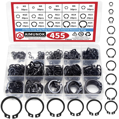 455Pcs External Retaining Rings Snap Rings Assortment Kit, External C-Clip Set Carbon Steel, 15 Sizes Circlip Snap