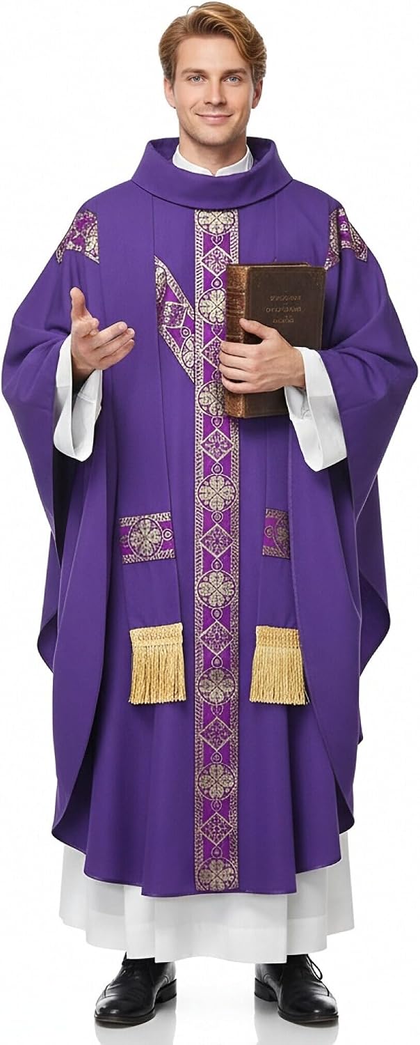 Clergy Elegance Church Vestments for Catholic Priests Chasuble Mass Apparel and Round Collar Robe With Pastor Stole