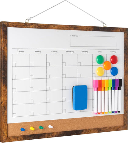 Dry Erase Calendar Whiteboard, 17" x 13" Magnetic Whiteboard Cork Board Combo, Reusable Monthly Planner with 8
