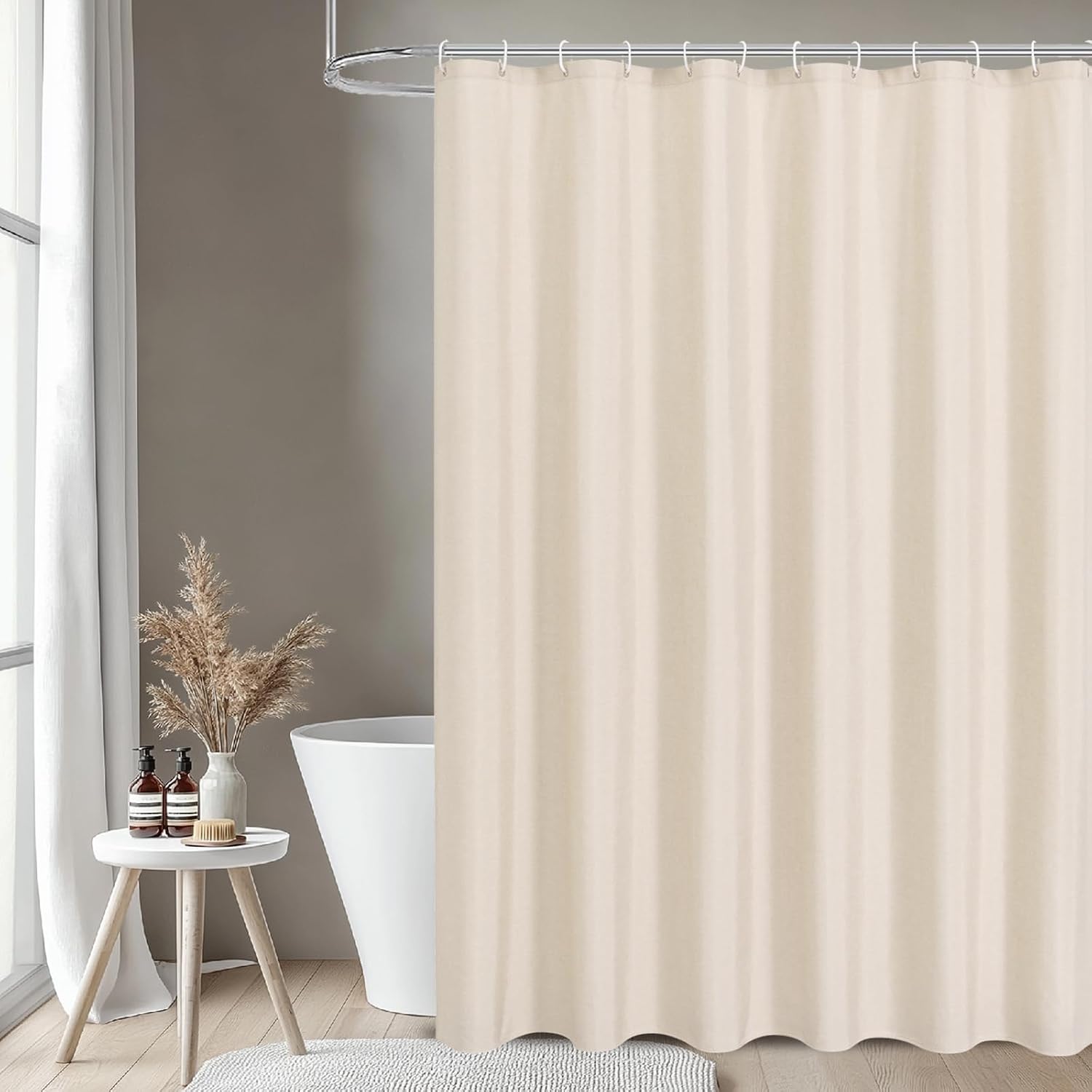 Waterproof Fabric Shower Curtain,No Liner Needed,72x72,Cream | 2-in-1 Design,Linen Textured,100% Waterproof